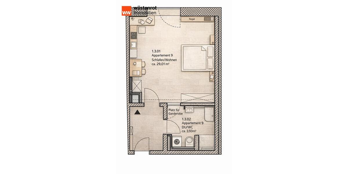 Etagenwohnung Bamberg Gärtnerstadt - 1 Zimmer, 33 m&sup2;, 500&euro; | Angebot:25983368