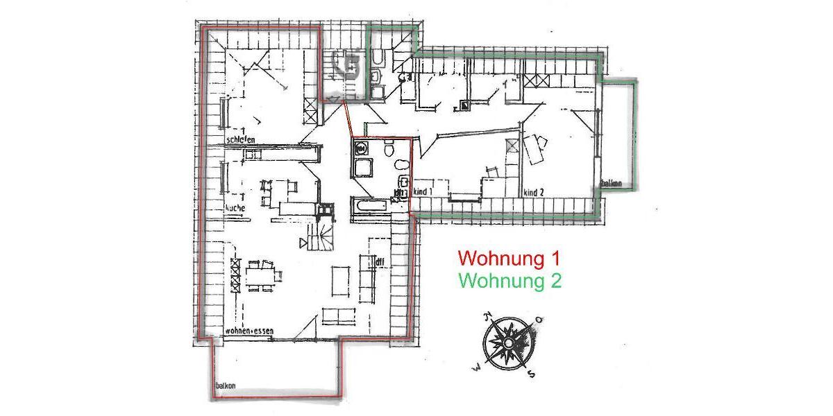 Große Maisonette mit Klimaanlagen (aktuell in 2 Wohnungen unterteilt) mit 2 Balkonen, 2 Einbauküchen und 2 Stellplätzen - Etagenwohnung Hausen | Angebot:27222621