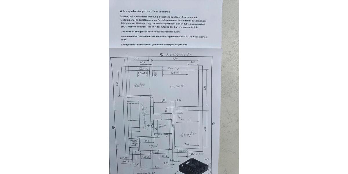 Etagenwohnung Rattelsdorf - 1 Zimmer, 45 m&sup2;, 600&euro; | Angebot:26610721
